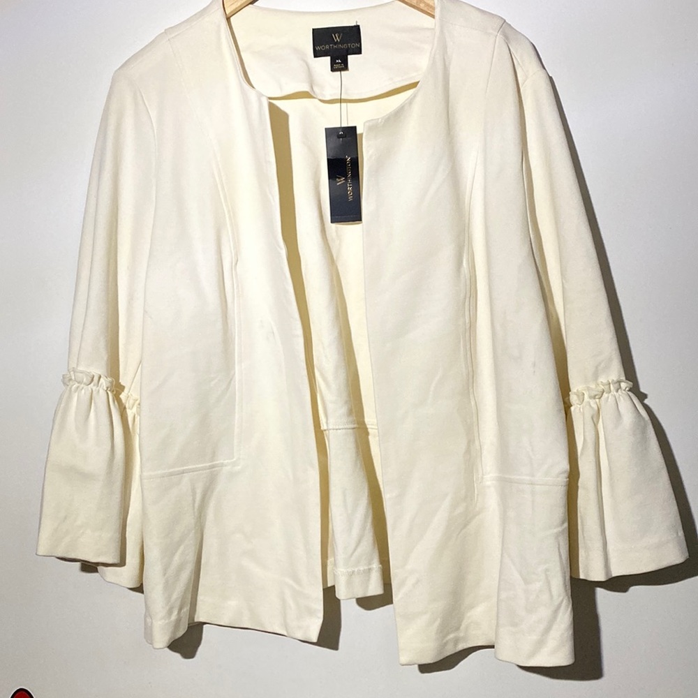 Worthington open stitch flare sleeve round neck blazer